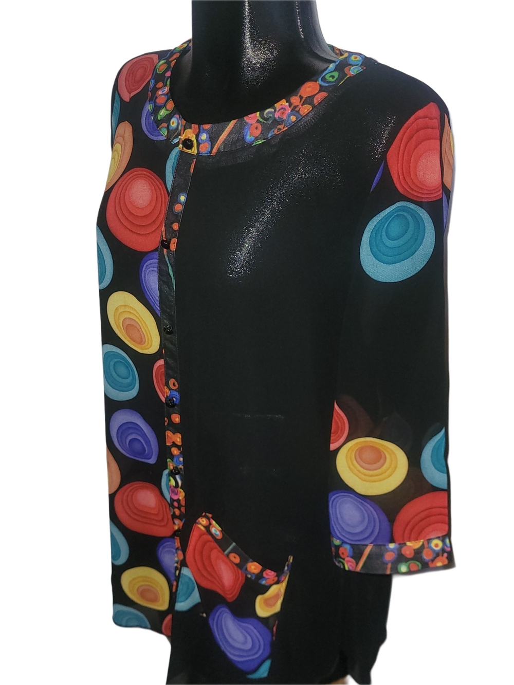 Variations Black Multi-Color Geometric Circles Faux Button-Front Sheer Top L - Picture 3 of 6
